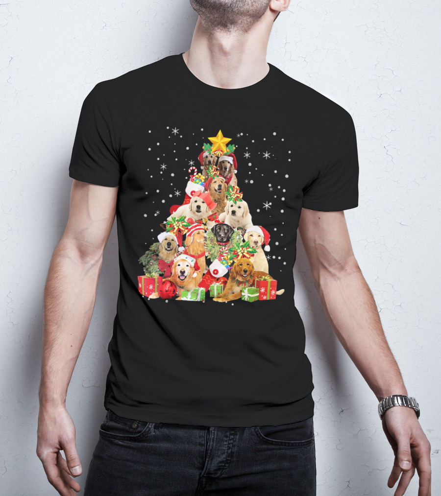 Golden Retriever Christmas Tree With Santa Hats And Presents T-Shirt