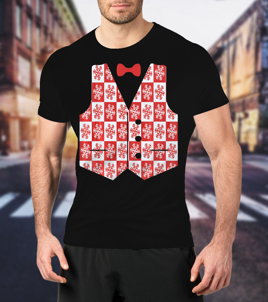 Red And White Snowflake Vest With Bow Tie T-Shirt