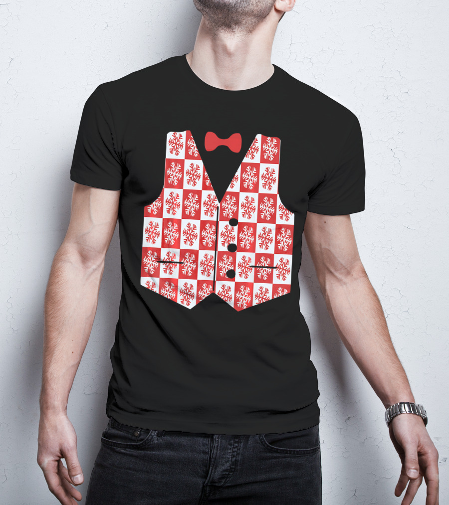 Red And White Snowflake Vest With Bow Tie T-Shirt