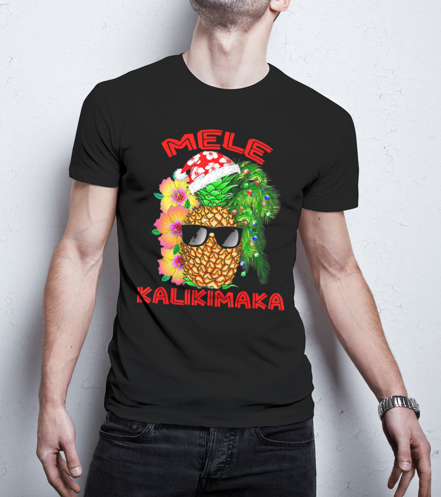 Mele Kalikimaka Hawaiian Christmas Pineapple Santa Hat Sunglasses Flowers T-Shirt