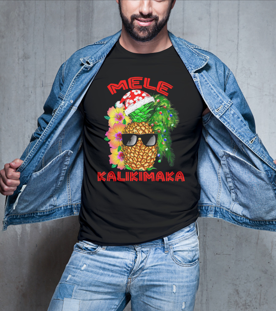 Mele Kalikimaka Hawaiian Christmas Pineapple Santa Hat Sunglasses Flowers T-Shirt