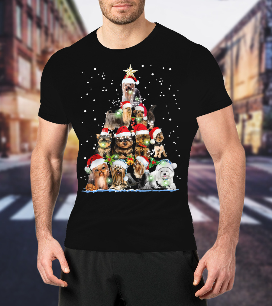 Yorkie Christmas Tree Santa Hats Dogs Snowflakes T-Shirt