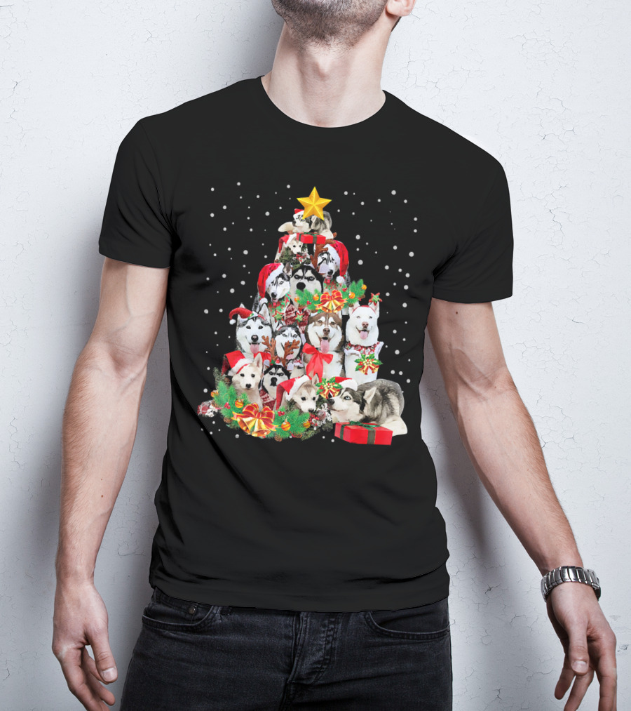 Siberian Husky Christmas Tree Festive Holiday Dogs With Gifts And Star T-Shirt
