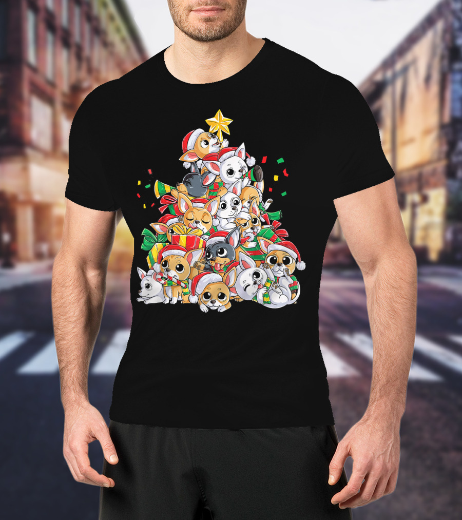 Chihuahua Christmas Tree Festive Dogs With Santa Hats And Presents T-Shirt