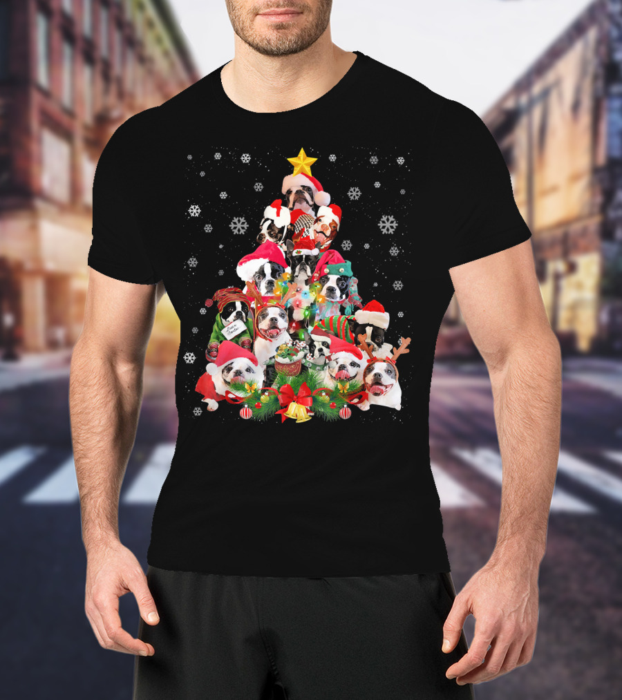 Boston Terriers Christmas Tree Snowflakes And Santa Hats T-Shirt