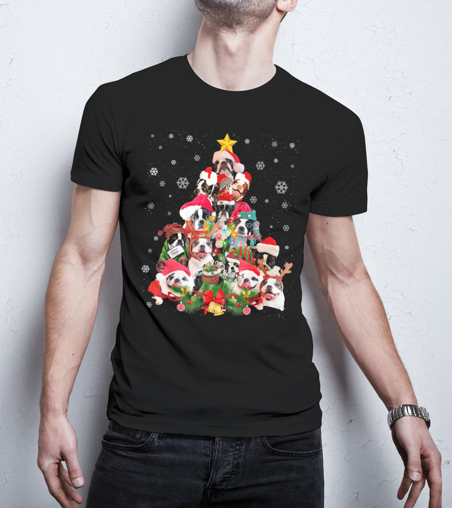 Boston Terriers Christmas Tree Snowflakes And Santa Hats T-Shirt