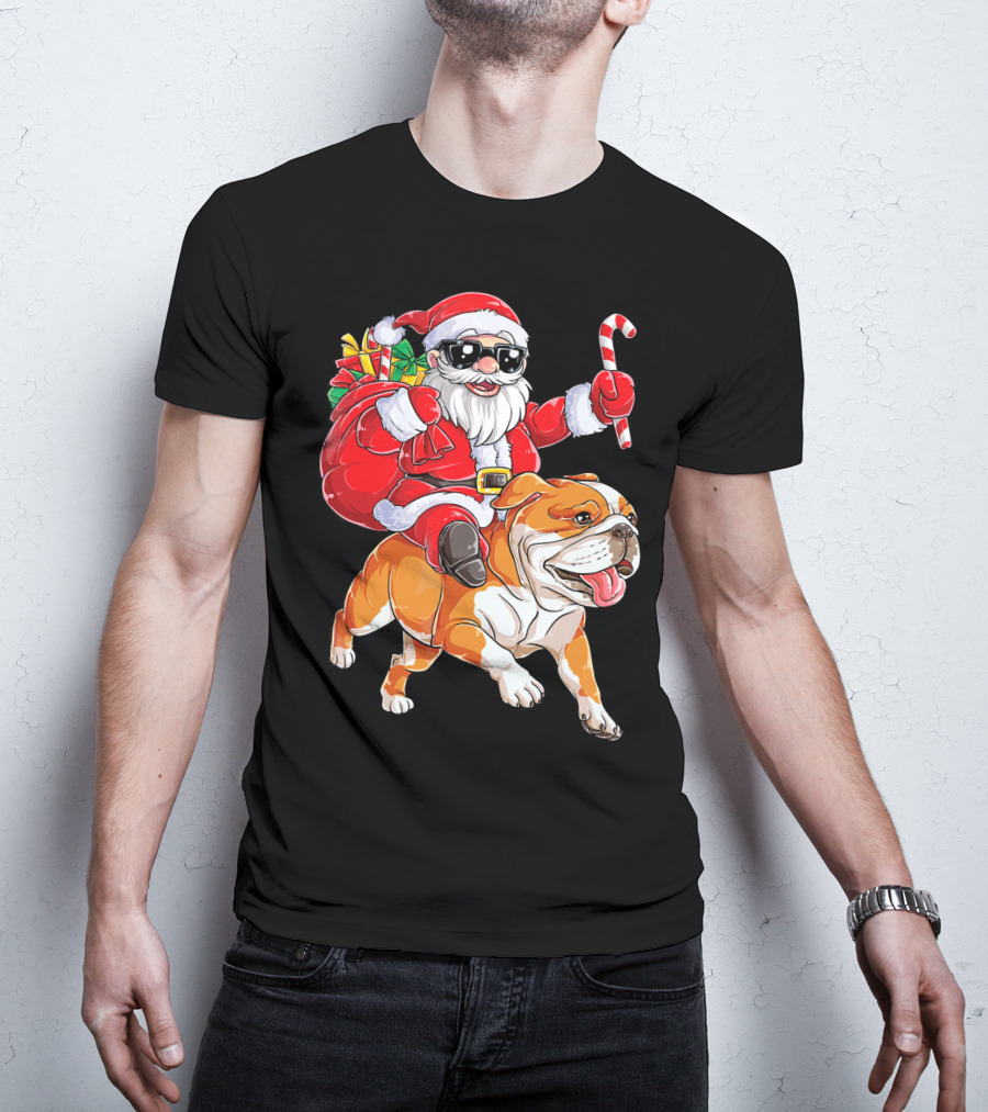 Santa Riding English Bulldog Christmas College Holiday T-Shirt