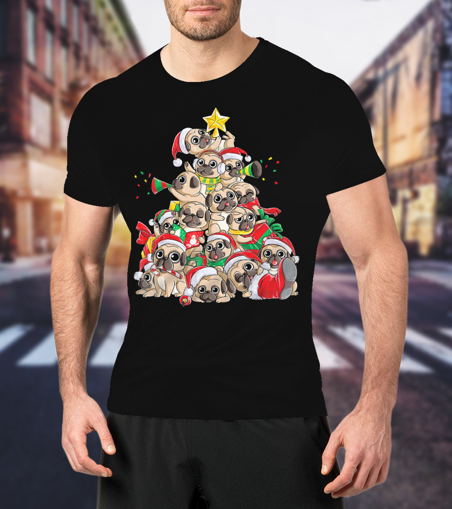 Merry Pugmas Christmas Tree With Pugs In Santa Hats T-Shirt