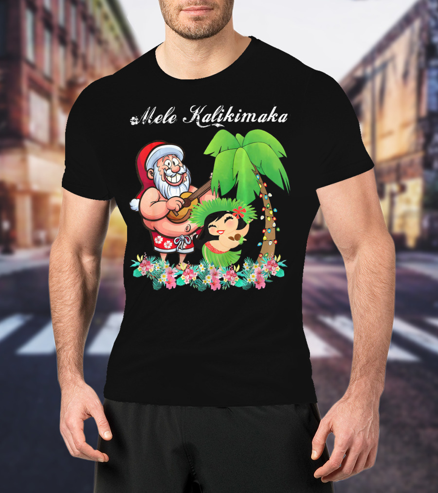 Mele Kalikimaka Christmas Santa Hawaii With Hula Dancer And Palm Tree T-Shirt