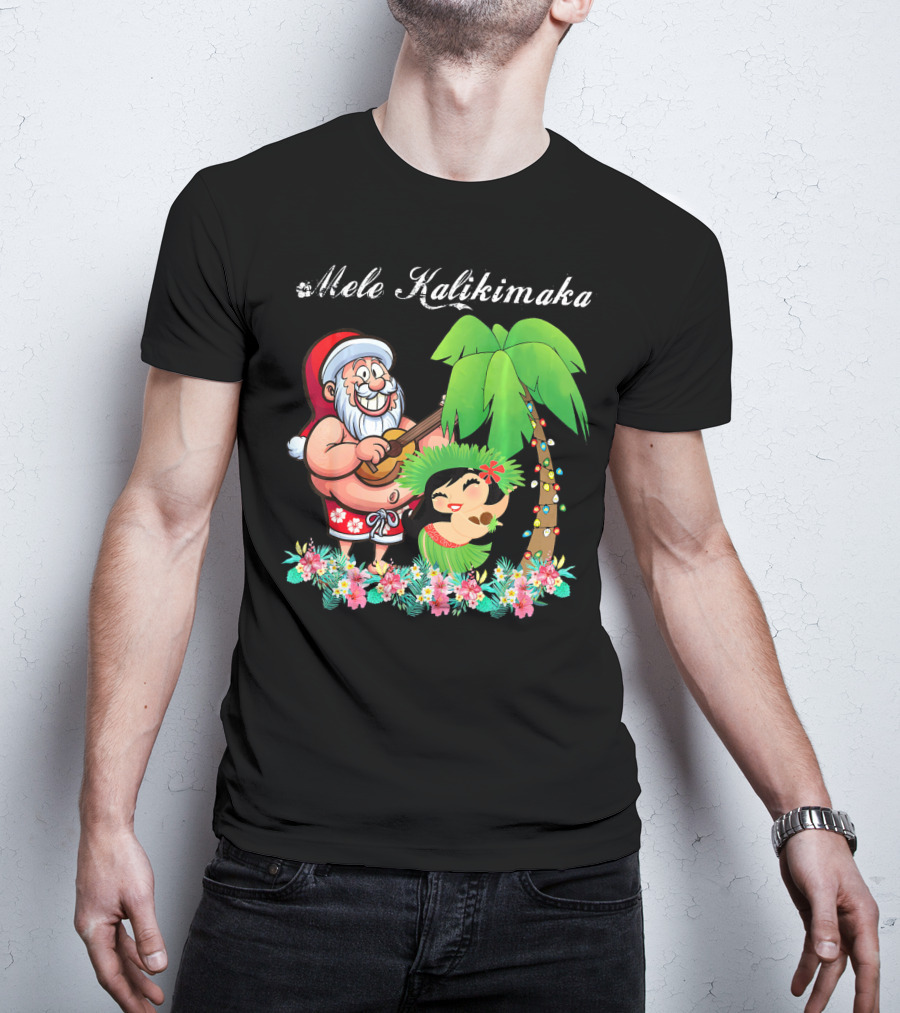 Mele Kalikimaka Christmas Santa Hawaii With Hula Dancer And Palm Tree T-Shirt