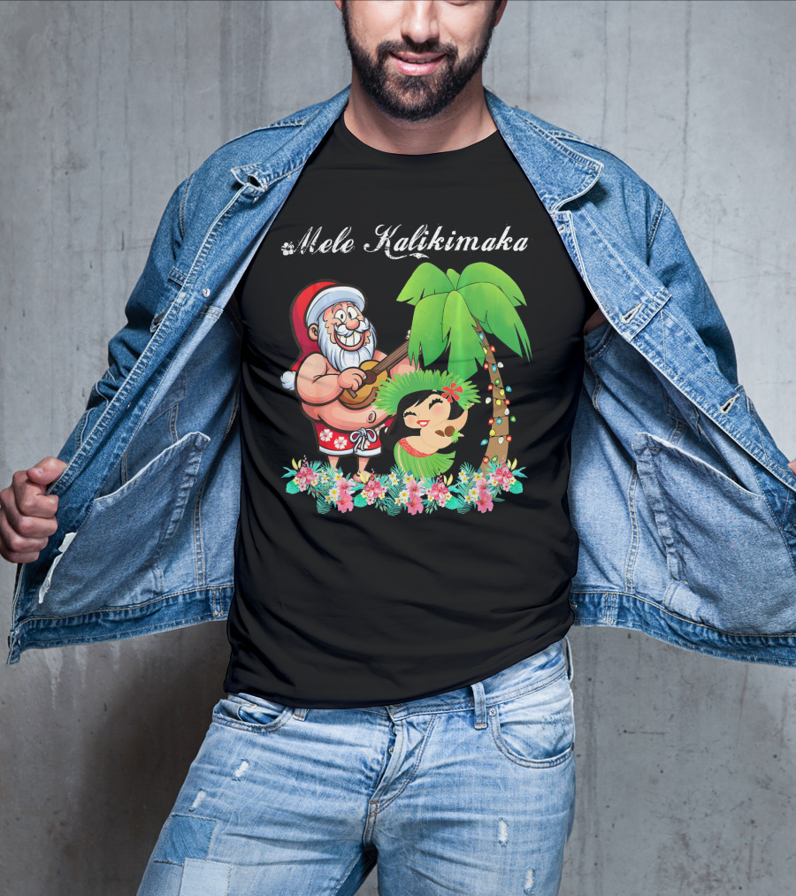 Mele Kalikimaka Christmas Santa Hawaii With Hula Dancer And Palm Tree T-Shirt