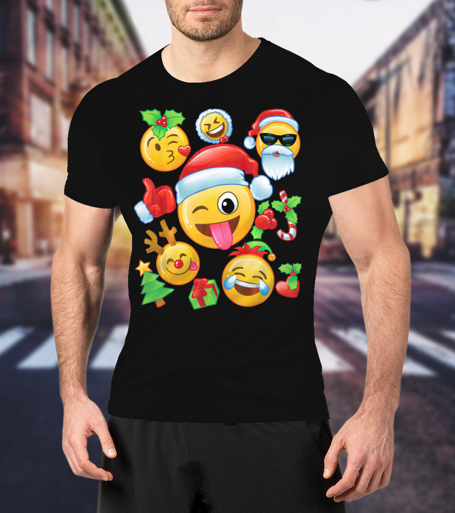 Santa Emoji Christmas Fun With Reindeer Candy Cane Gifts And Holly T-Shirt