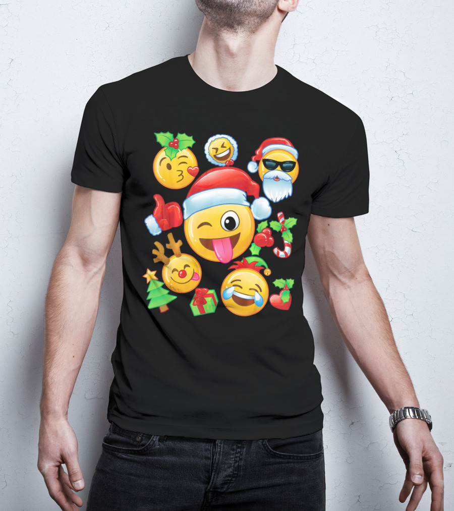 Santa Emoji Christmas Fun With Reindeer Candy Cane Gifts And Holly T-Shirt