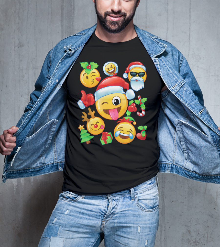 Santa Emoji Christmas Fun With Reindeer Candy Cane Gifts And Holly T-Shirt