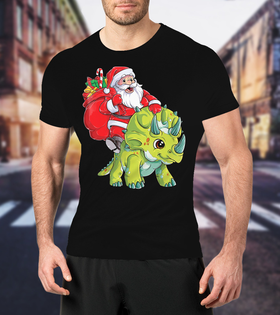 Santa Riding Triceratops Dinosaur Christmas Boys Santa Tric T-Shirt
