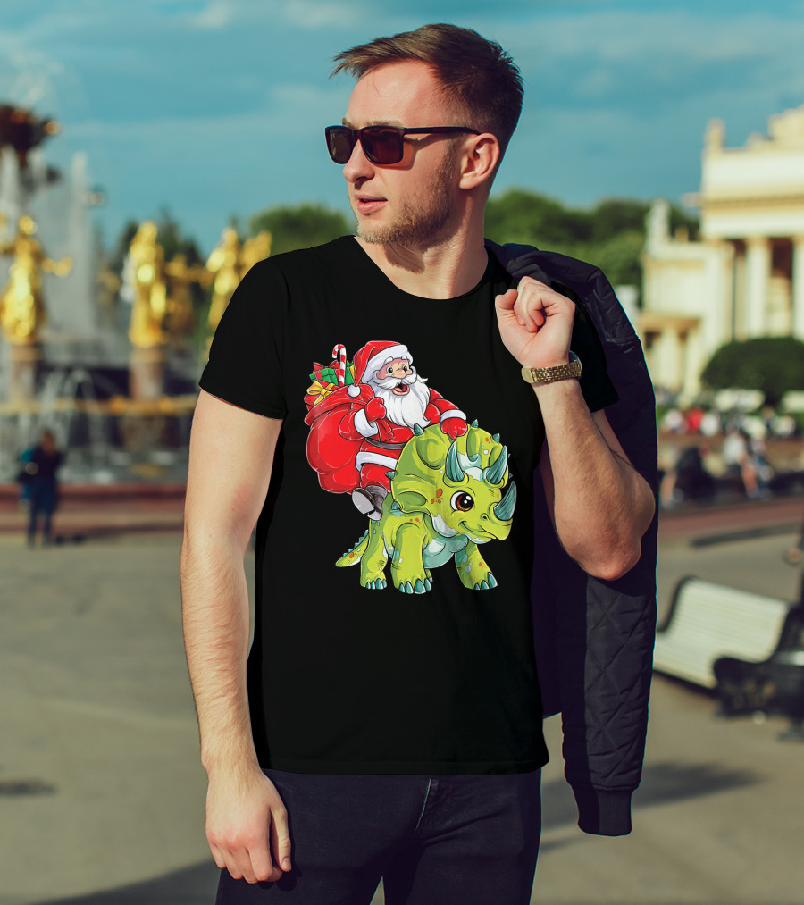 Santa Riding Triceratops Dinosaur Christmas Boys Santa Tric T-Shirt