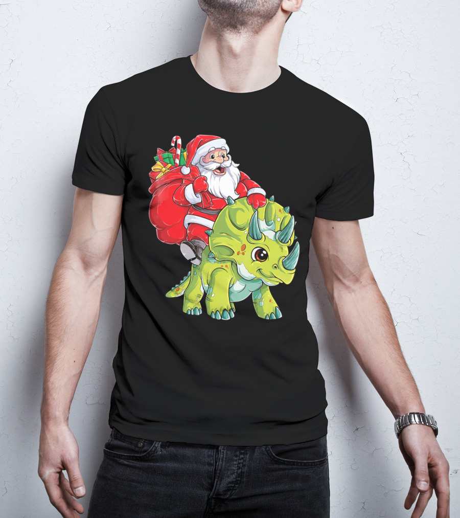 Santa Riding Triceratops Dinosaur Christmas Boys Santa Tric T-Shirt