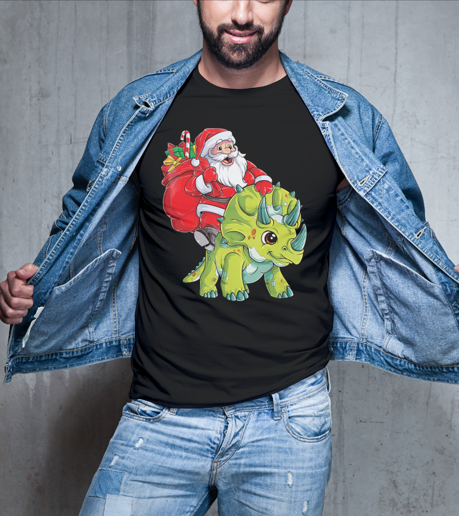 Santa Riding Triceratops Dinosaur Christmas Boys Santa Tric T-Shirt