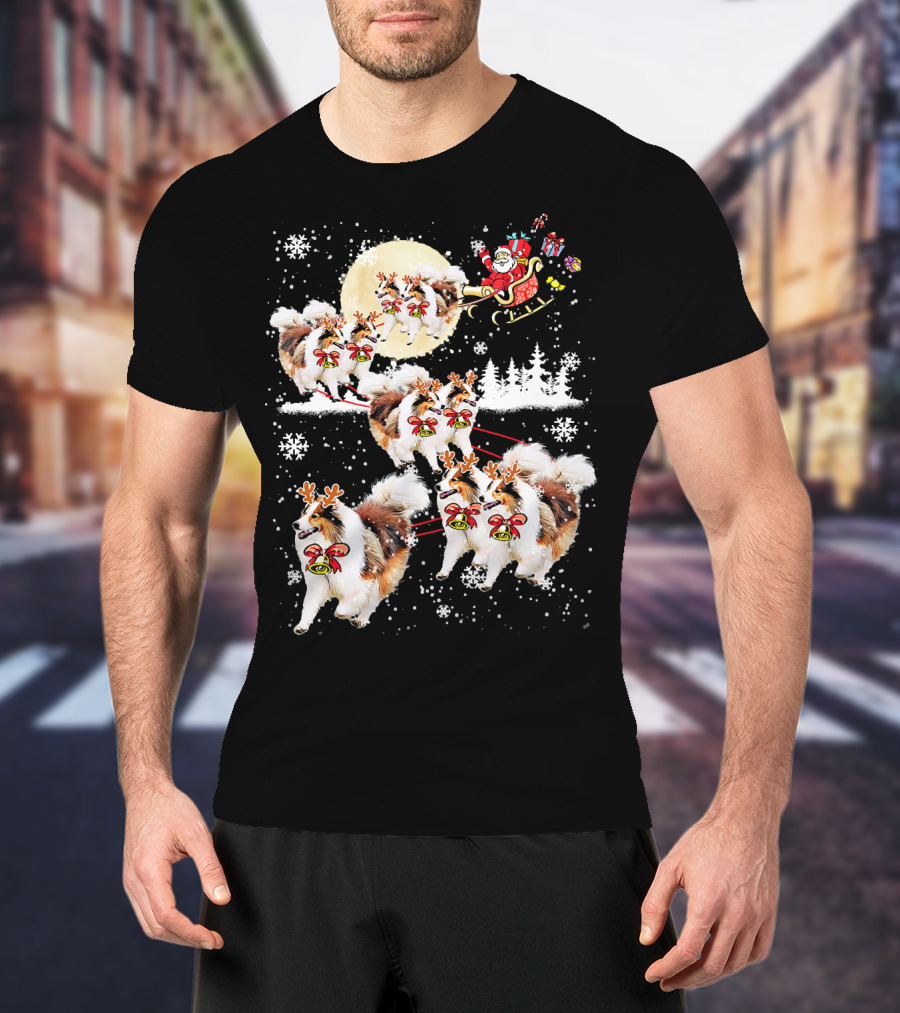 Sheltie Reindeer Christmas Nice Dog Santa Sleigh Moon Snowflakes T-Shirt