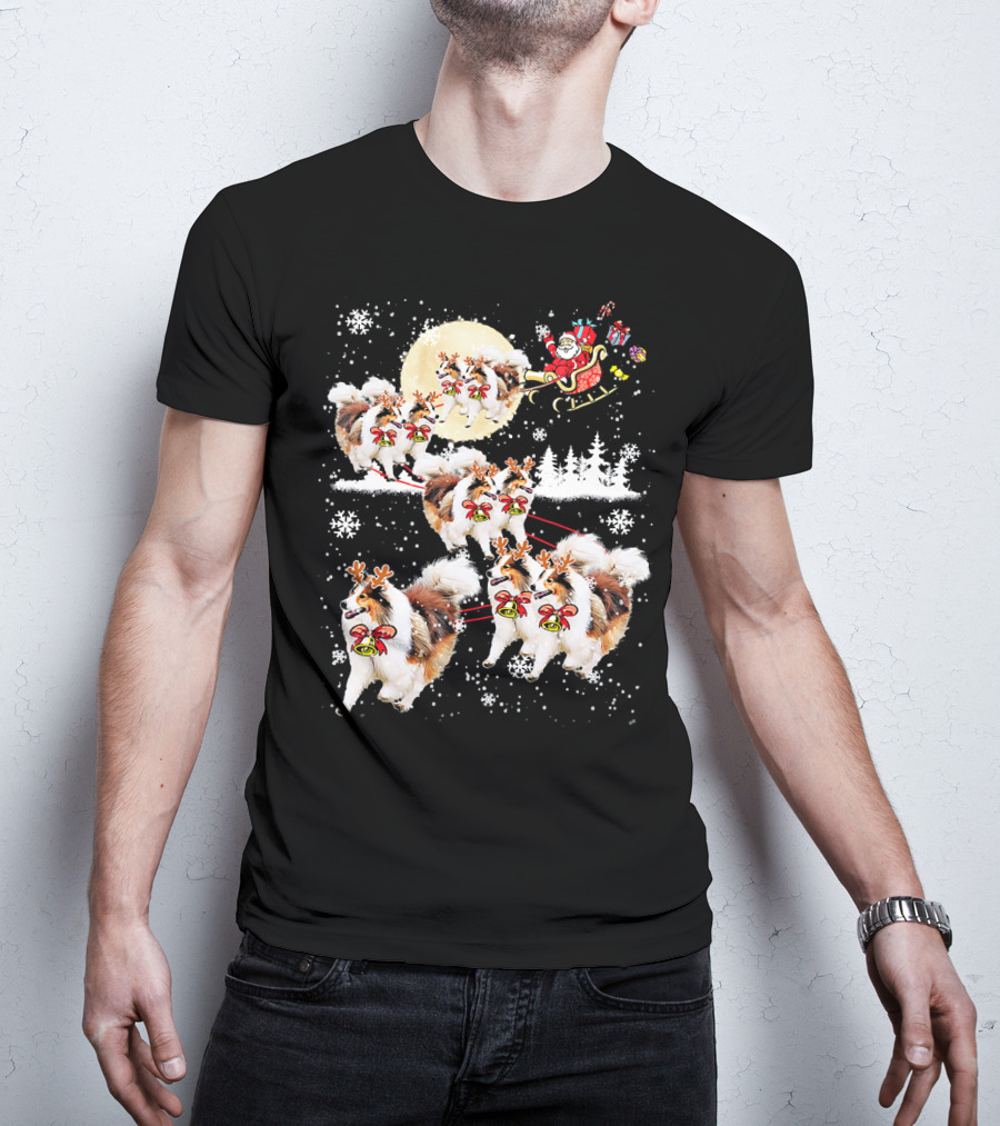 Sheltie Reindeer Christmas Nice Dog Santa Sleigh Moon Snowflakes T-Shirt