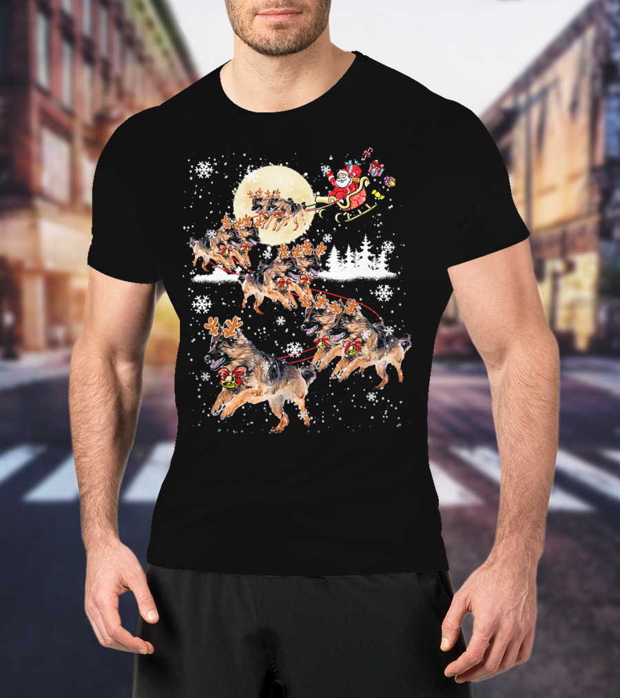 Santa Sleigh German Shepherd Reindeer Christmas Snowflakes Moon T-Shirt