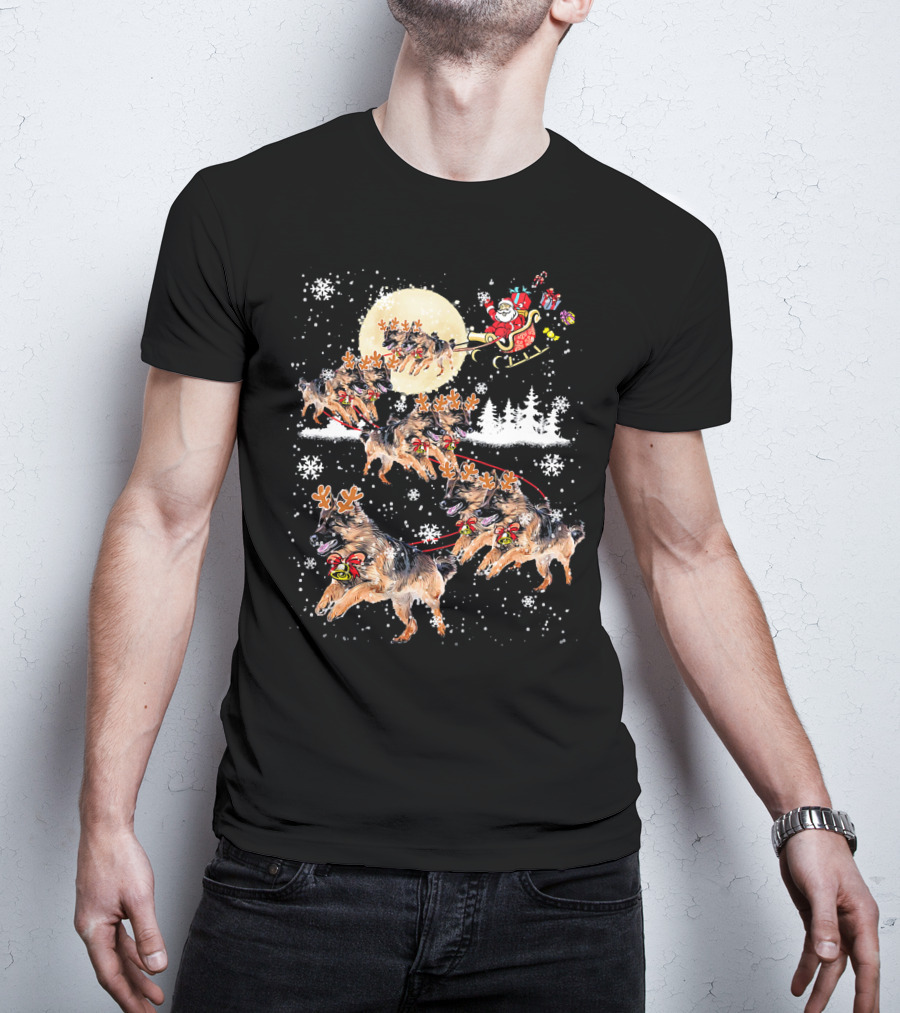Santa Sleigh German Shepherd Reindeer Christmas Snowflakes Moon T-Shirt