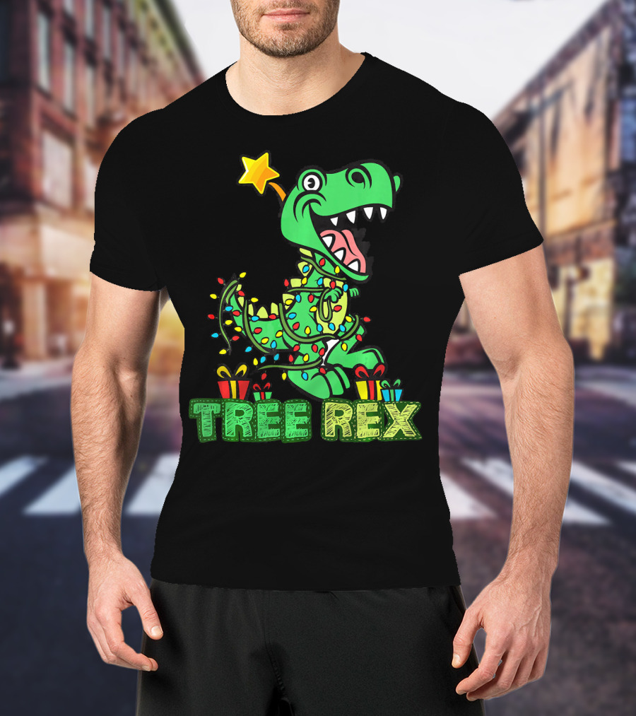 Tree Rex Dinosaur Wrapped In Christmas Lights With Presents And Star T-Shirt
