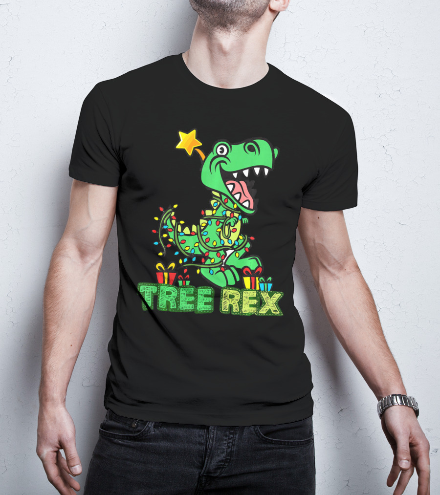 Tree Rex Dinosaur Wrapped In Christmas Lights With Presents And Star T-Shirt
