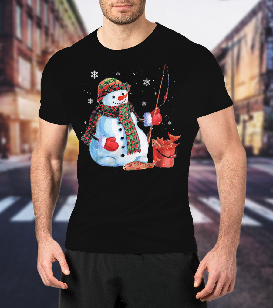 Merry Christmas Snowman Fishing With Fish And Snowflakes T-Shirt