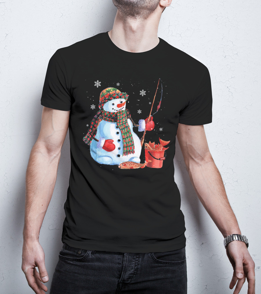 Merry Christmas Snowman Fishing With Fish And Snowflakes T-Shirt