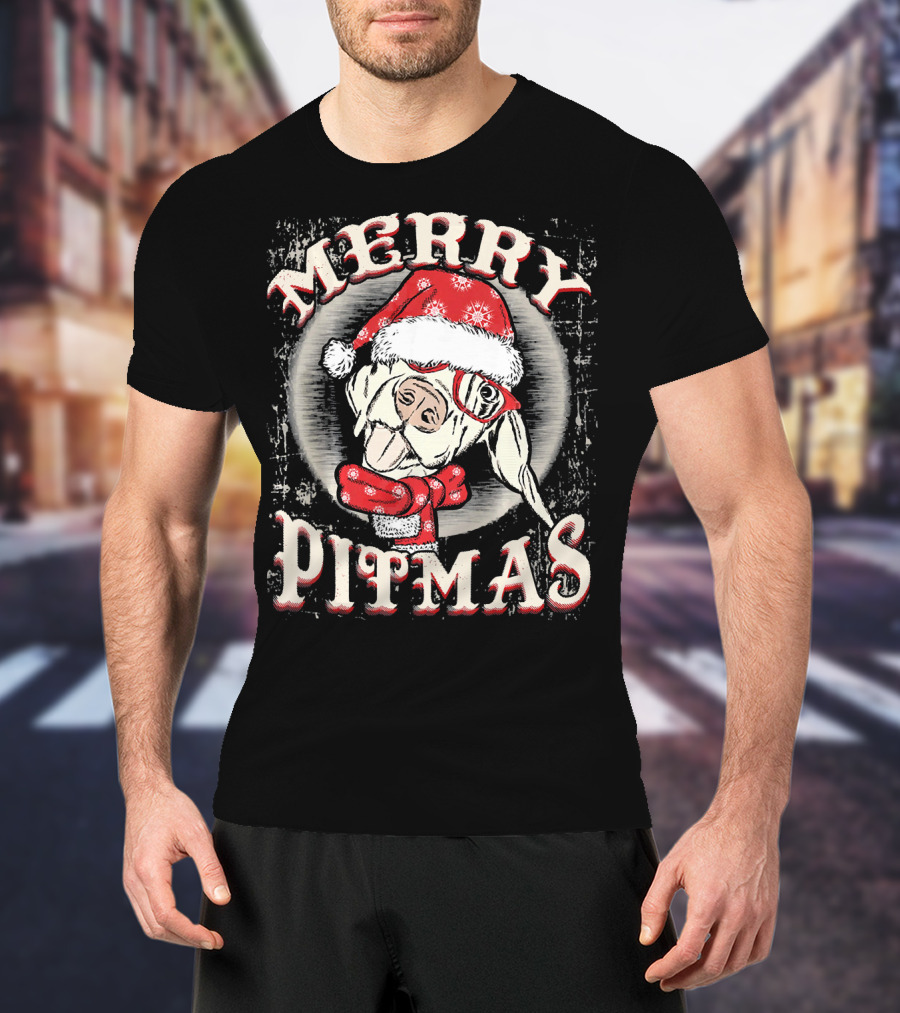 Merry Pitmas Santa Hat Festive Dog T-Shirt