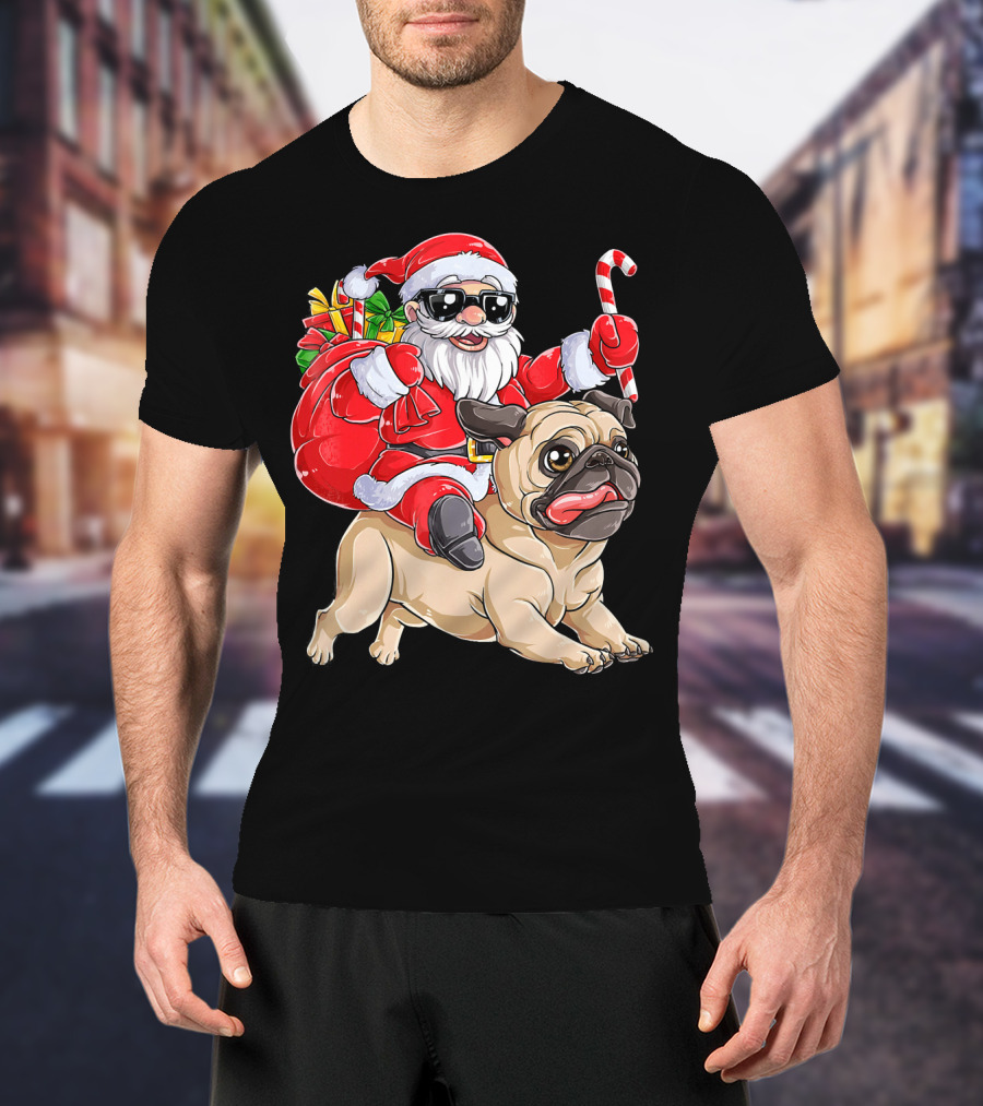 Santa Claus Riding Pug With Candy Cane And Gifts T-Shirt