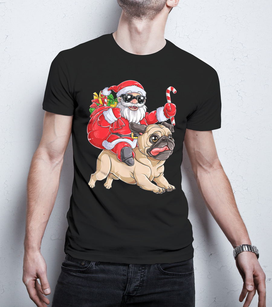 Santa Claus Riding Pug With Candy Cane And Gifts T-Shirt