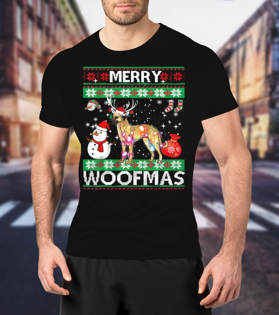 Merry Woofmas Anatolian Shepherd Reindeer Lights Holiday Sweater Snowman Stockings T-Shirt
