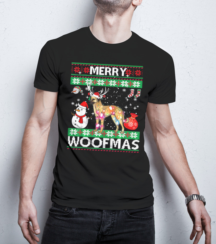 Merry Woofmas Anatolian Shepherd Reindeer Lights Holiday Sweater Snowman Stockings T-Shirt