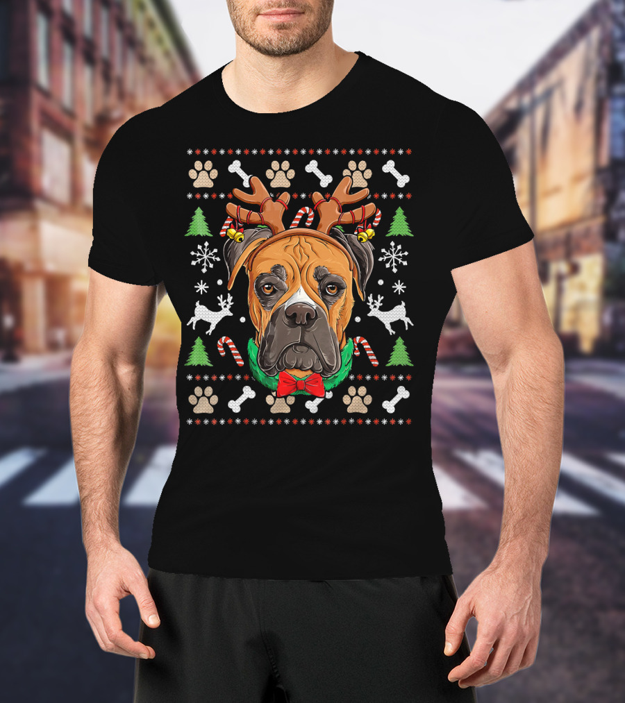 Boxer Ugly Christmas Reindeer Antlers Candy Canes Snowflakes Green Trees T-Shirt