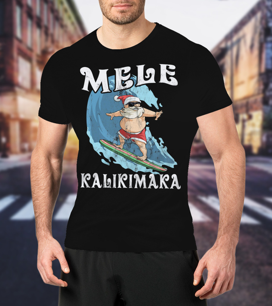 Mele Kalikimaka Funny Santa Surfing Wave T-Shirt