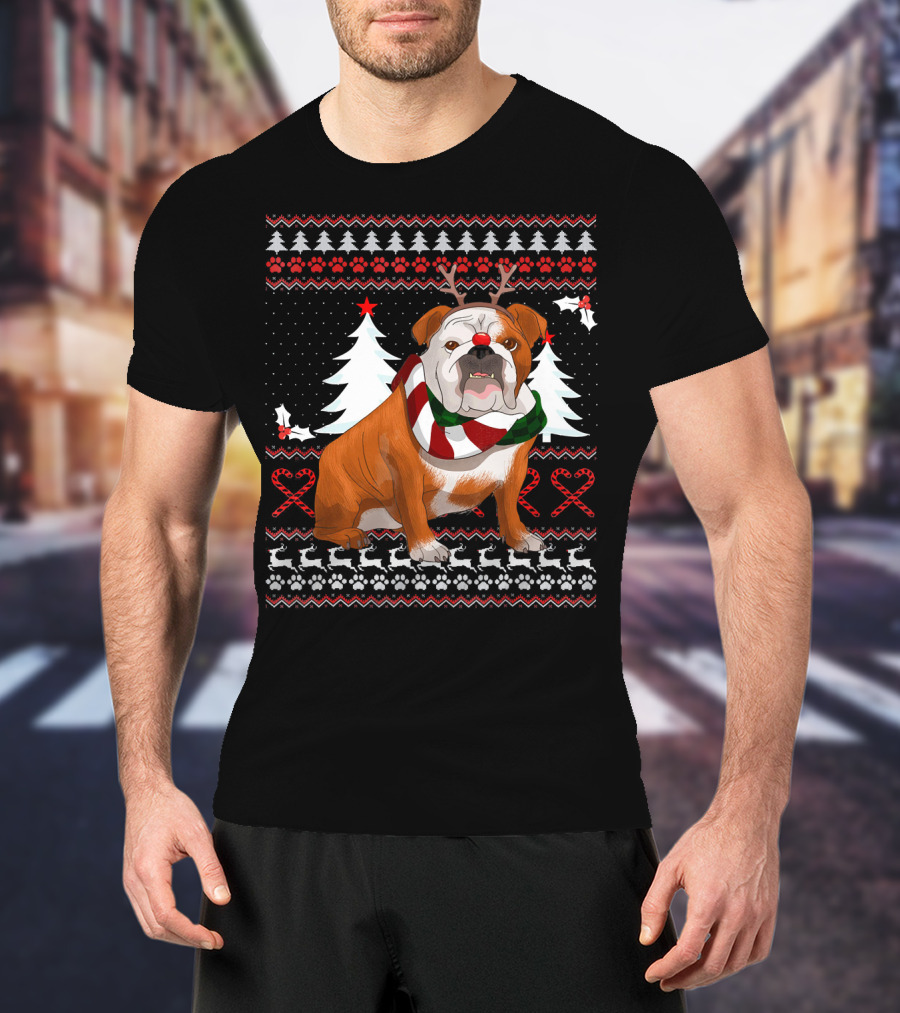 English Bulldog Festive Christmas Sweater With Reindeer Antlers T-Shirt