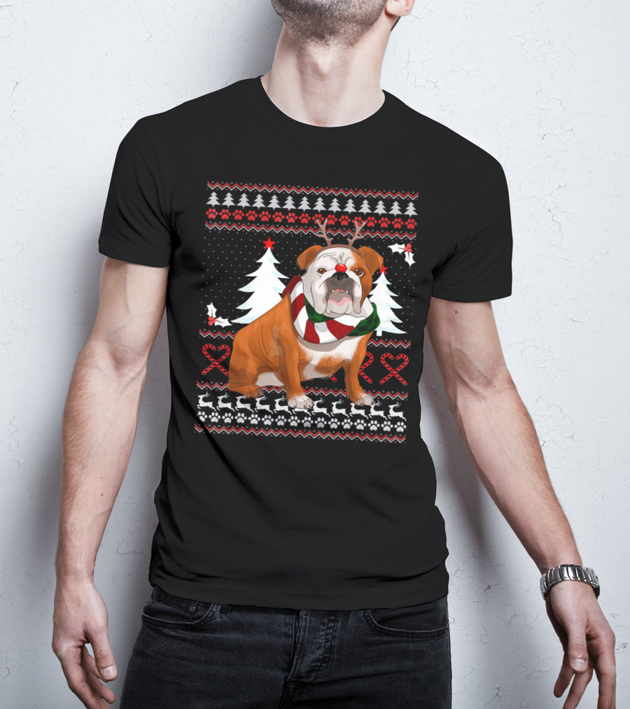 English Bulldog Festive Christmas Sweater With Reindeer Antlers T-Shirt