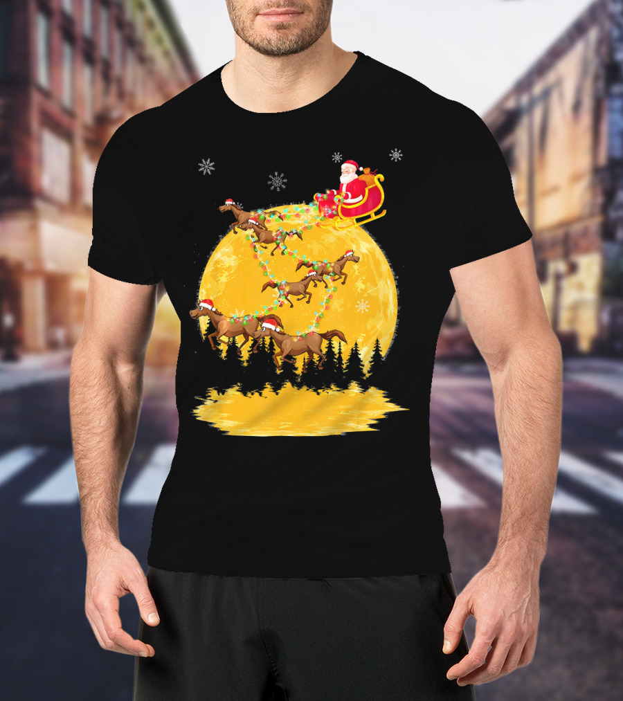 Santa Claus On Sleigh With Horses And Christmas Moon T-Shirt
