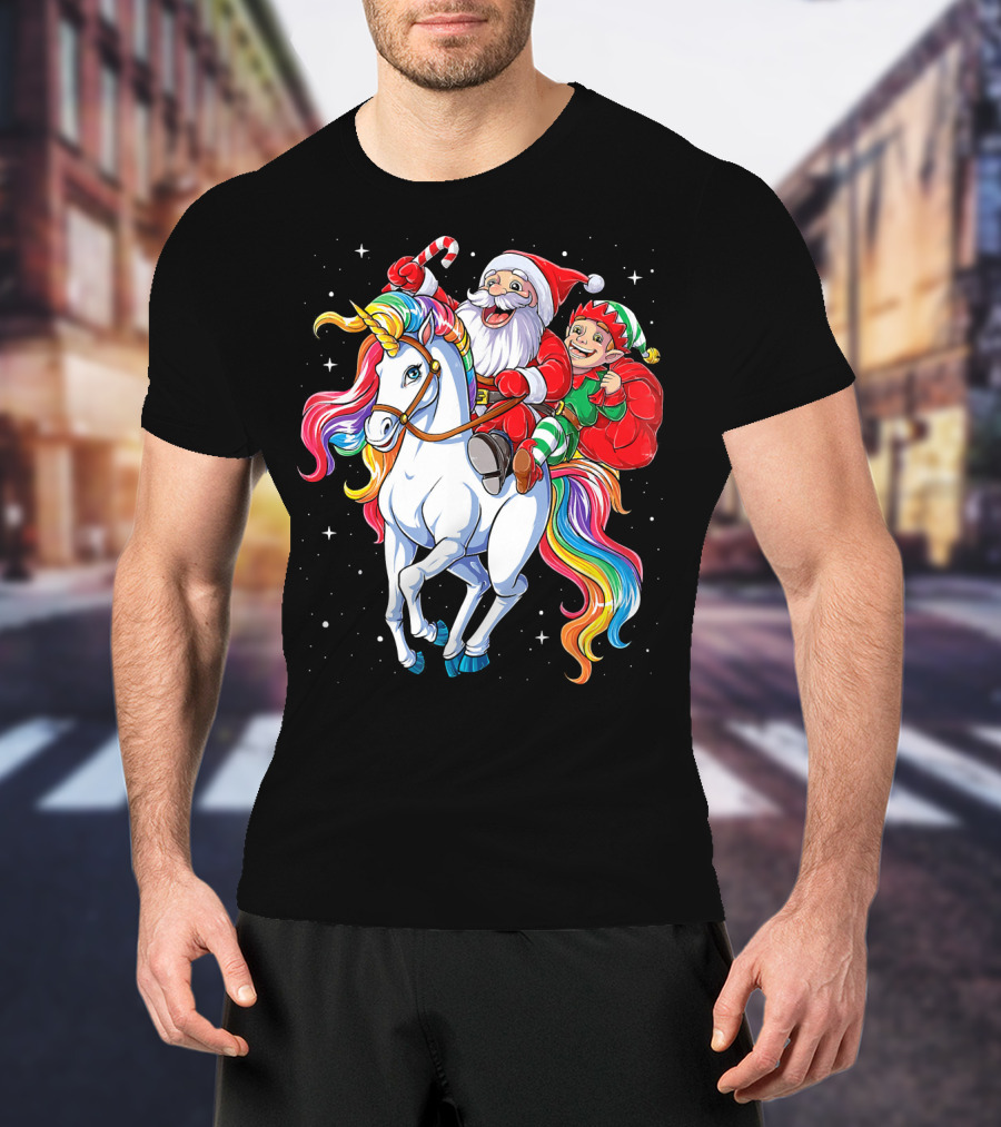 Santa And Elf Riding Rainbow Unicorn Christmas Magic T-Shirt