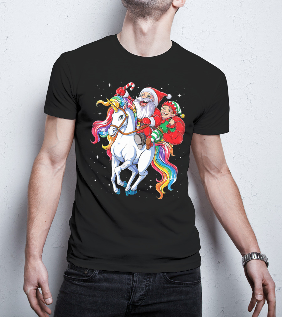Santa And Elf Riding Rainbow Unicorn Christmas Magic T-Shirt
