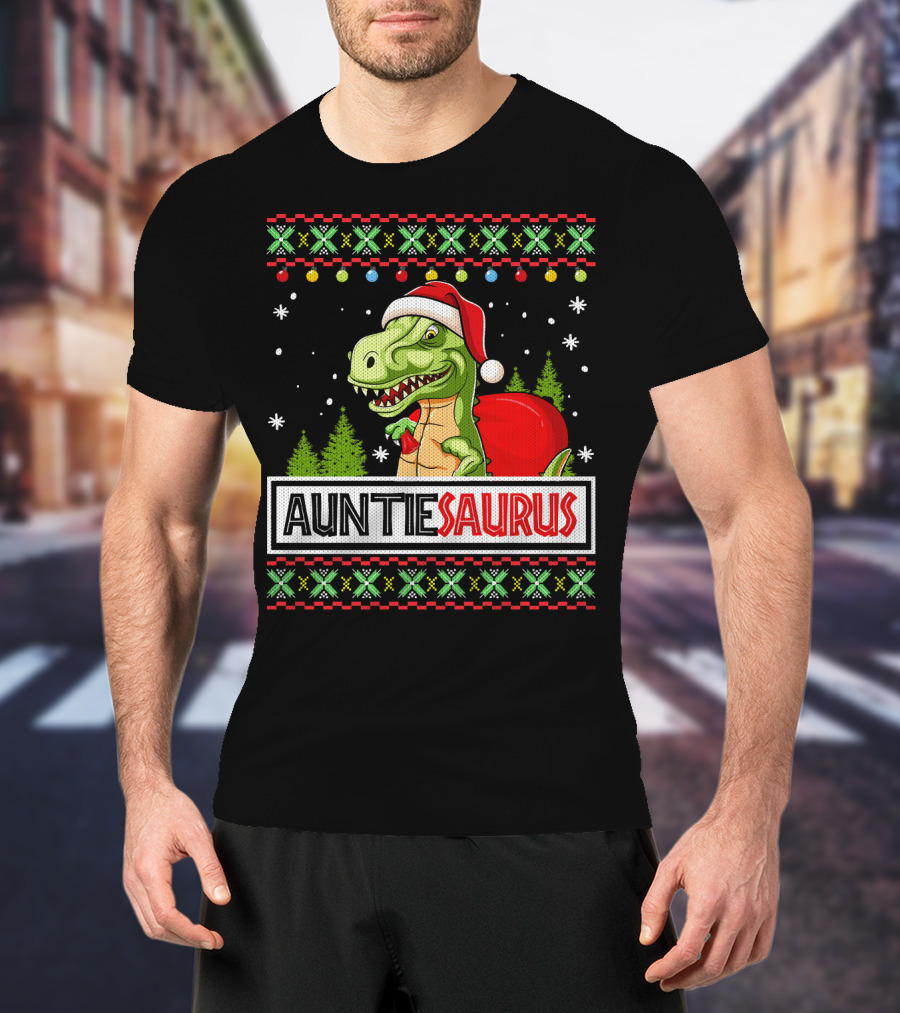 Auntiesaurus Funny Auntie Dinosaur Christmas Sweater T-Rex Santa Hat T-Shirt