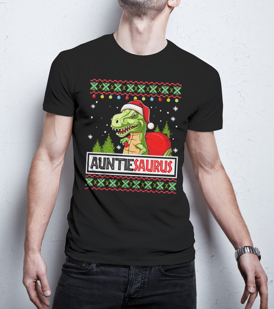 Auntiesaurus Funny Auntie Dinosaur Christmas Sweater T-Rex Santa Hat T-Shirt