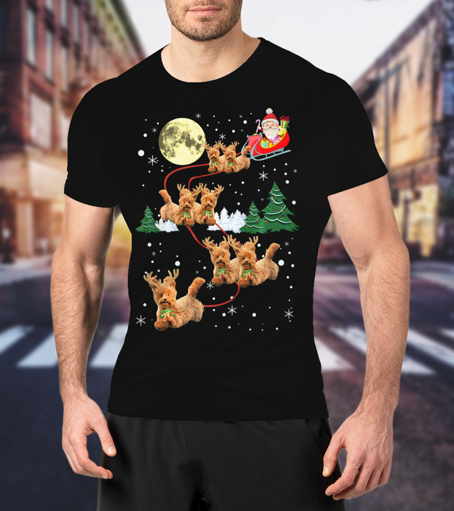 Funny Reindeer Dogs With Santa Sleigh Under Full Moon T-Shirt