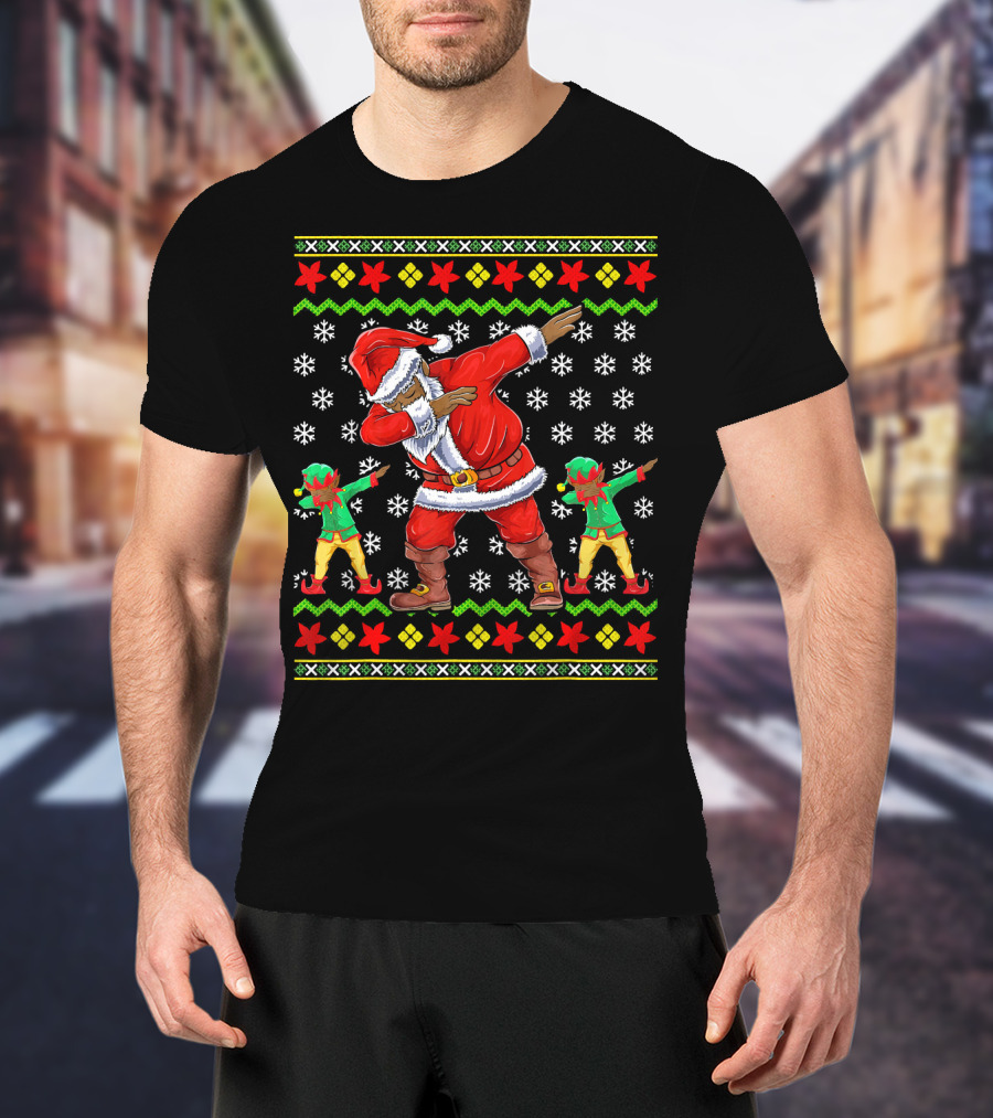 Christmas African American Dabbing Santa With Elves T-Shirt