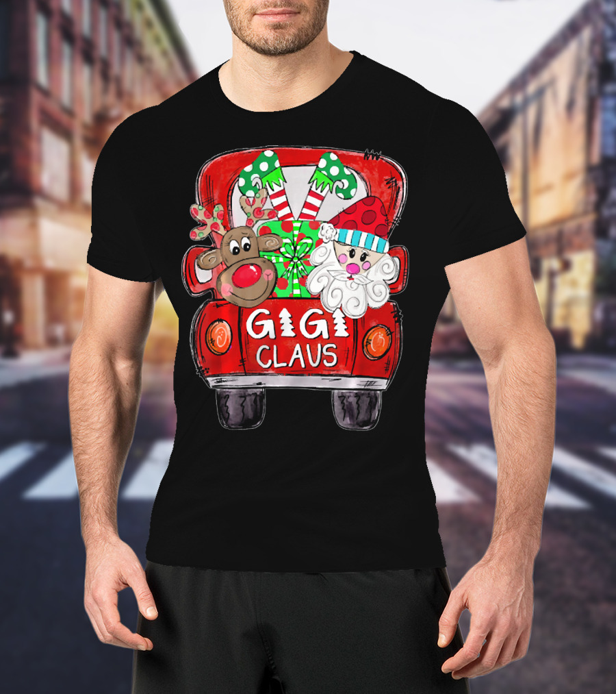 GiGi Claus Christmas Red Truck Reindeer With Gifts And Candy Canes T-Shirt
