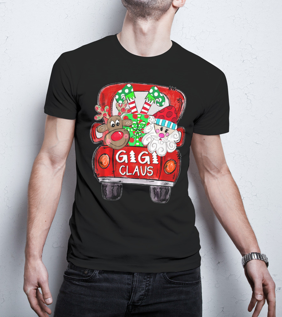 GiGi Claus Christmas Red Truck Reindeer With Gifts And Candy Canes T-Shirt