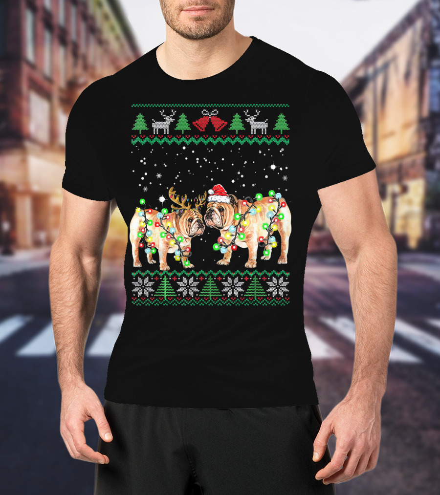 Bulldog Ugly Christmas Sweater With Santa Hat And Reindeer Antlers T-Shirt