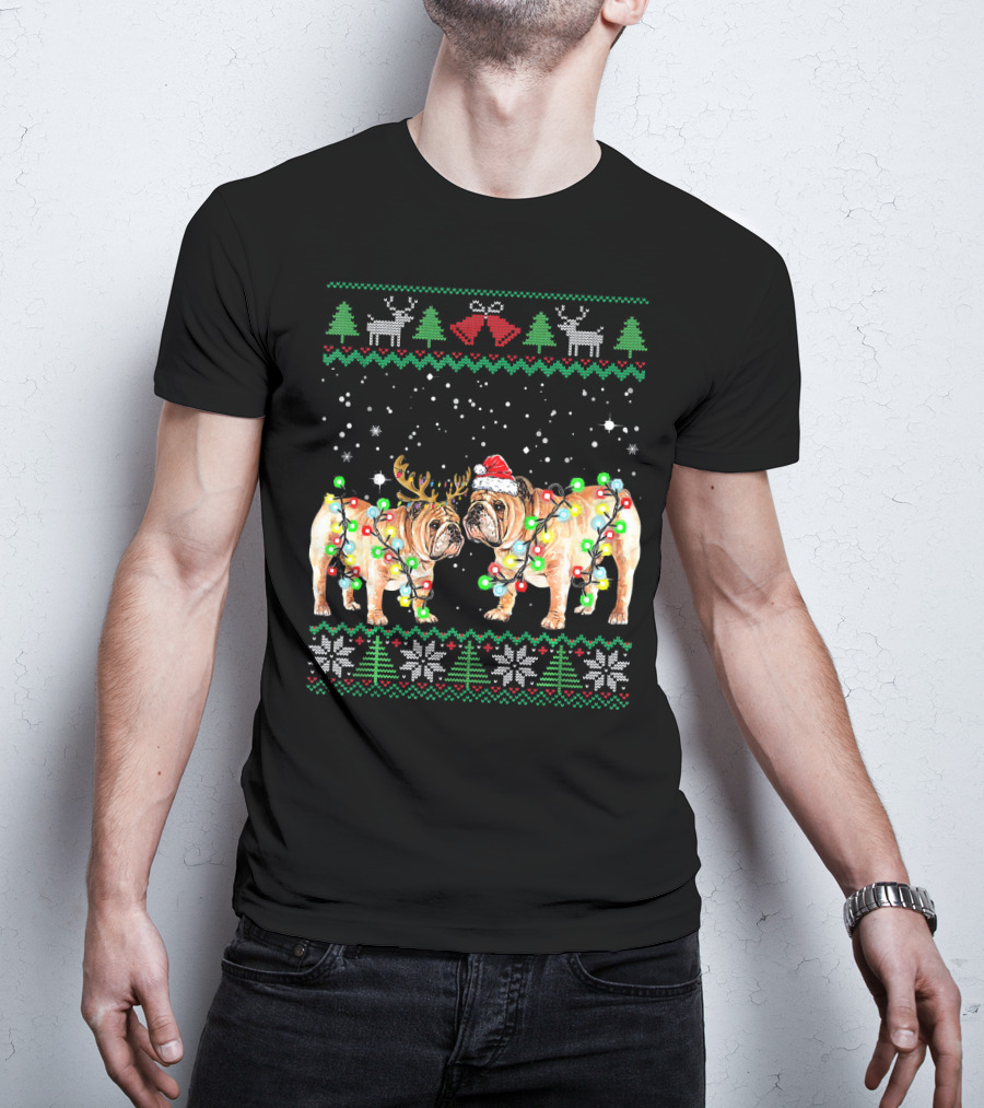 Bulldog Ugly Christmas Sweater With Santa Hat And Reindeer Antlers T-Shirt
